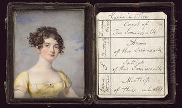 A Lady Of The Somersall Family, 
Wearing Low Cut Yellow Dress With White Seams And A Pearl-trimmed Ruby 
Brooch At Her Corsage, Her Dark Curled Hair Upswept Oil Painting by Alfred-Edward Chalon