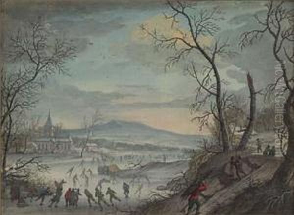 Winter Landscape With Ice Skaters On A Lake Oil Painting by Louis Chalon