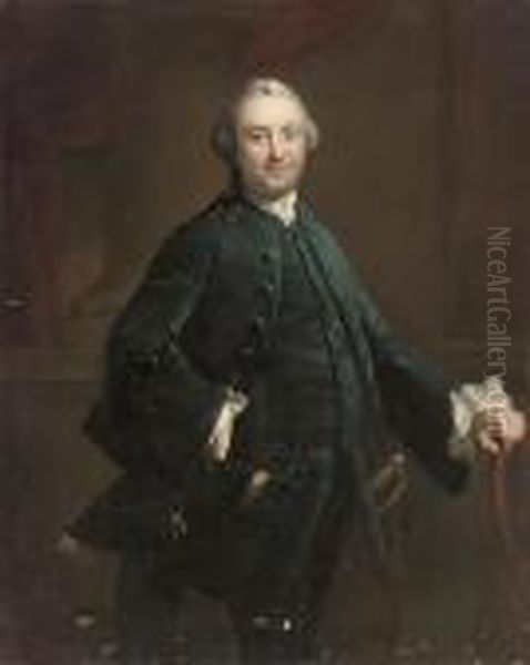 Portrait Of A Gentleman, 
Three-quarter-length, In A Blue Velvetcoat And Waistcoat, A Black And 
Gold Embroidered Hat In His Righthand Oil Painting by Mason Chamberlin