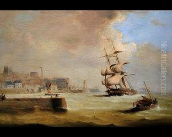 C. Coastal Harbour Scene With A 
Frigate Entering Port And A Distant Steamship And Other Shipping Oil Painting by George Chambers