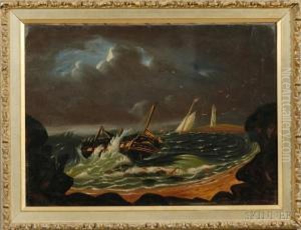 Shipwreck Off A Rocky Coast With Distant Lighthouse. Oil Painting by Thomas Chambers