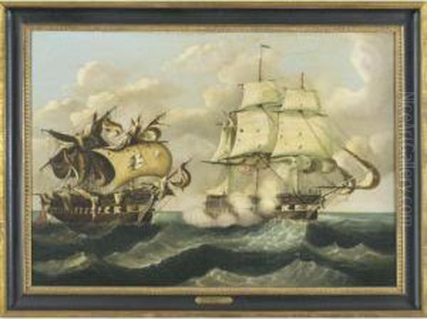 Capture Of The H.b.m. Frigate 
Macedonia By The U.s. Frigate United States, October 25, 1812 Oil Painting by Thomas Chambers