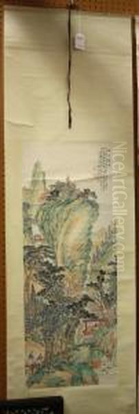 Figures In Mountain Landscape Oil Painting by Feng Chaoran