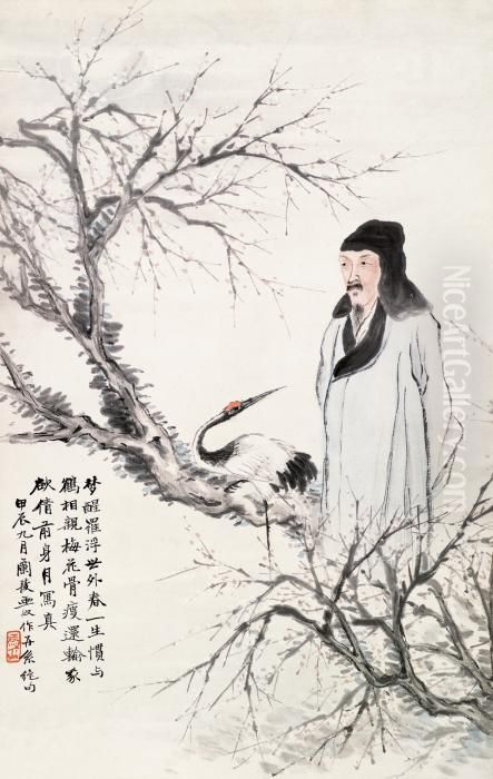 Man And Crane Oil Painting by Feng Chaoran