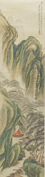 Bodhidharma Meditating In The Mountains Oil Painting by Feng Chaoran