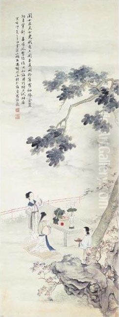 Ladies Worshipping The Moon Oil Painting by Feng Chaoran