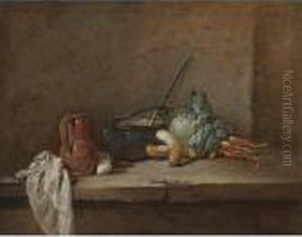A Still Life With A Napkin, A 
Pitcher, A Metallic Urn, Turnips And Other Vegetables, Arranged On A 
Stone Ledge Oil Painting by Jean-Baptiste-Simeon Chardin