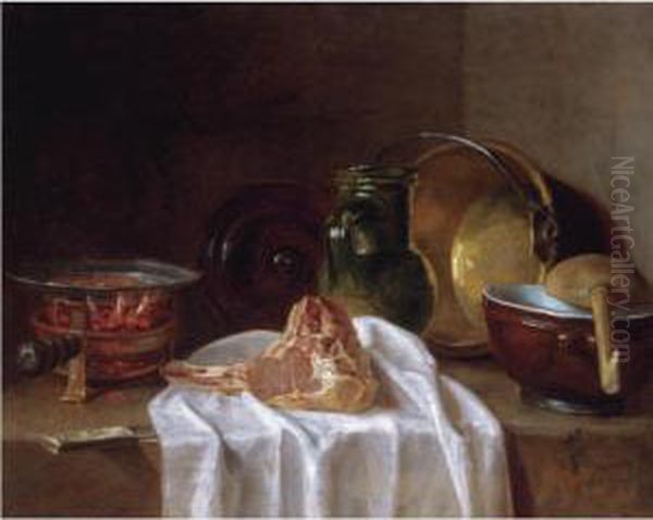 Still Life With A Brazier, 
Earthenware Jugs, A Copper Bowl And A Lamb Chop On A Stone Ledge Oil Painting by Jean-Baptiste-Simeon Chardin