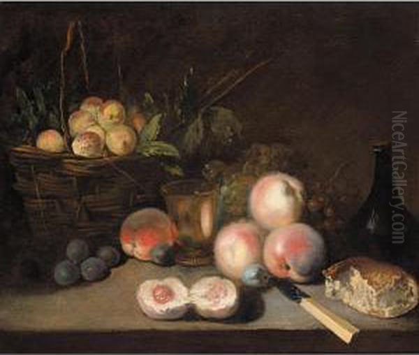 Still Life With Apricots In A 
Basket, Peaches, Plums, A Bun, A Bottle And A Bronze Cup, Together With A
 Bunch Of Grapes And A Knife On A Stone Ledge Oil Painting by Jean-Baptiste-Simeon Chardin