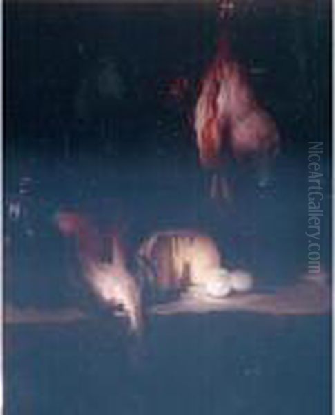 Still Life With A Ray-fish, A 
Basket Of Onions, Eggs, Cheese, A Green Jug And Copper Pot, With A 
Mortar And Pestle On A Stone Ledge Oil Painting by Jean-Baptiste-Simeon Chardin