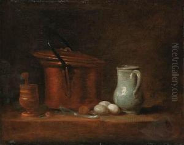 A Copper Cauldron, A Pestle And 
Mortar, A Stoneware Jug, Eggs And A Spring Onion On A Ledge Oil Painting by Jean-Baptiste-Simeon Chardin