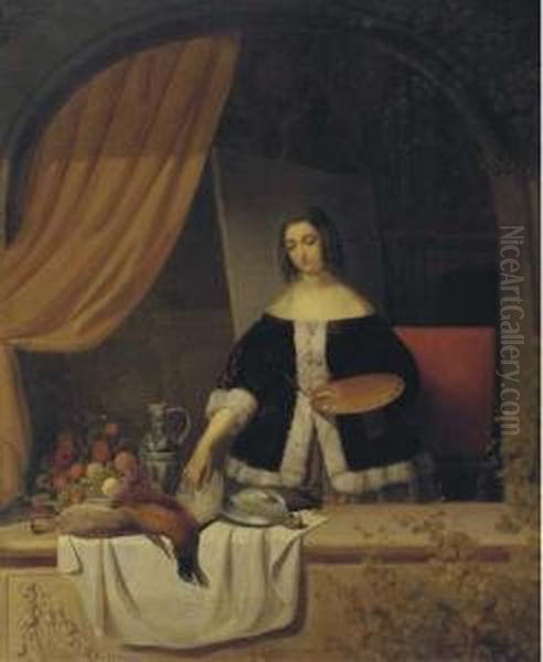 Arranging The Composition: A Female Artist By A Window Oil Painting by Eduard Charlemont