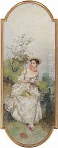 A Portrait Of A Young Lady, 
Seated On A Wall, Holding A Sprig Of Flowers; A Portrait Of A Woman, 
Seated On A Balustrade, Holding A Guitar (a Pair) Oil Painting by Eduard Charlemont