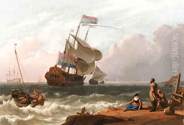 A Dutch Man-of-War in a stiff Breeze with Fisherfolk in the foreground Oil Painting by Ludolf Backhuyzen