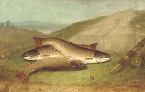 Catch of the Day - Trout on a Riverbank Oil Painting by Walter M. Brackett