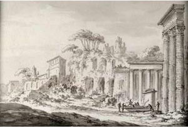 Vue Des Ruines Du Palais De 
Neron Au Campo Vacino Plume Et Encre Grise, Lavis Gris 17,8x25 Cm Situe 
En Bas A La Plume Ruines Du Palais De Neron Au Campo Vacino Oil Painting by Claude Louis Chatelet