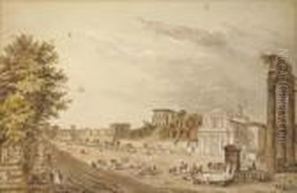The Via Sacra With The Columns 
Of The Temple Of Castor And Polluxon The Left And The Arch Of Titus In 
The Background, Rome Oil Painting by Claude Louis Chatelet