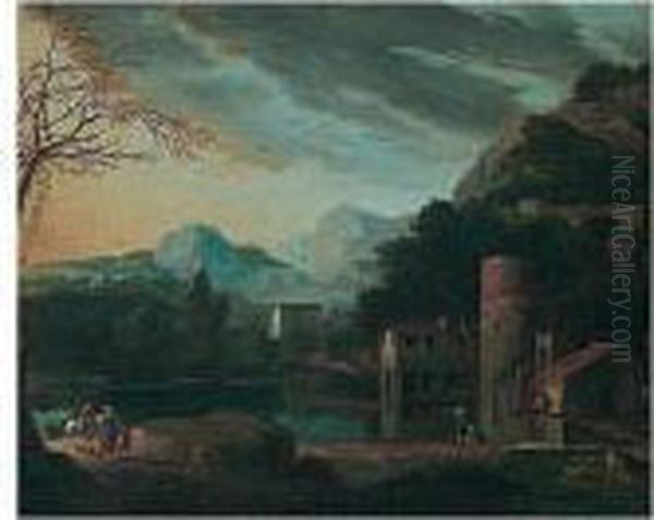 A Classical Landscape With 
Figures On A Track And Washerwomen By A Watermill, Mountains Beyond Oil Painting by Pierre-Athanase Chauvin