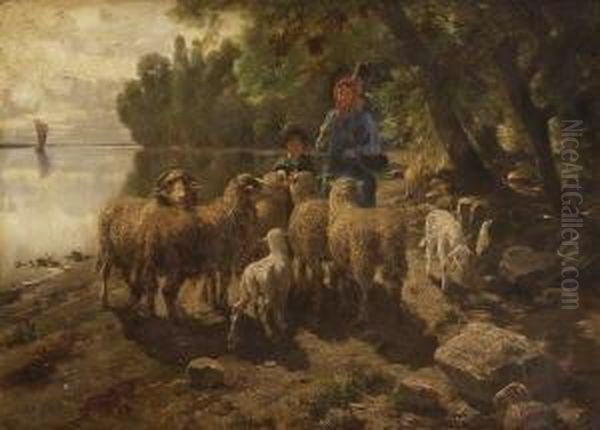 Hirten Mit Schafen Am
 Seeufer. Oil Painting by Adolf Chelius