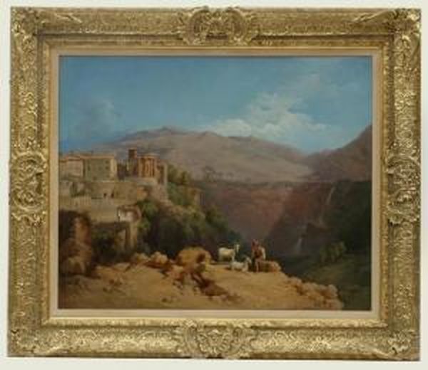 A View Of Tivoli With The Temple
 Of Vesta In The Background A Figure Seated In The Foreground Oil Painting by Andrea Cherubini