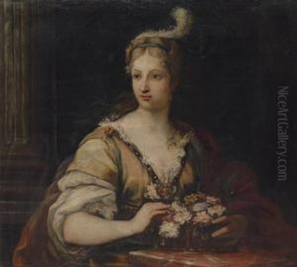A Lady In A Yellow Dress And Red
 Robe, With A Feathered Headdress,arranging A Basket Of Flowers Oil Painting by Bartolomeo Giuseppe Chiari
