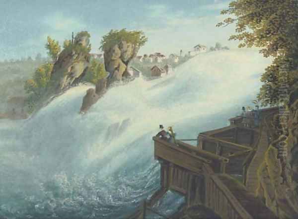Figures observing a waterfall, thought to be at Schaffhausen on the Rhine Oil Painting by Johann Heinrich (II) Bleuler: