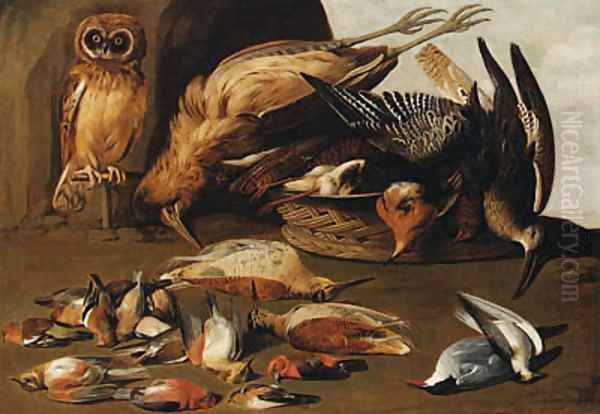 An owl on a perch with dead birds Oil Painting by Adriaen Geurtsz. Boogaert
