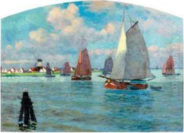 Bras De Meuse, Dordrecht, Hollande
 Huile Sur Toile, Signee En Bas A Droite Oil Painting by Eugene Chigot