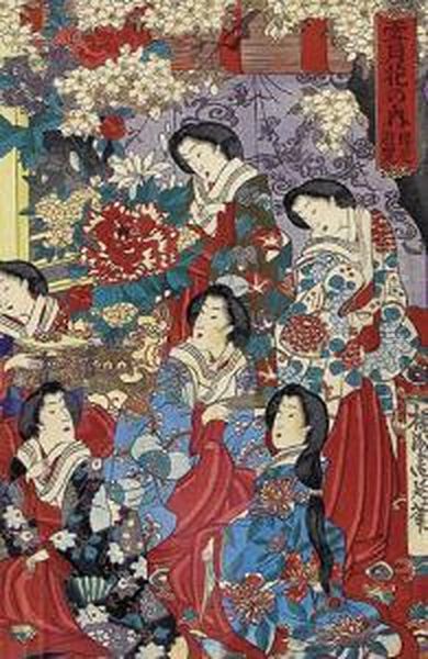 Piekne Kobiety Wsrod Kwiatow, Fragment Tryptyku (?) Oil Painting by Yoshu Toyoharu Chikanobu /