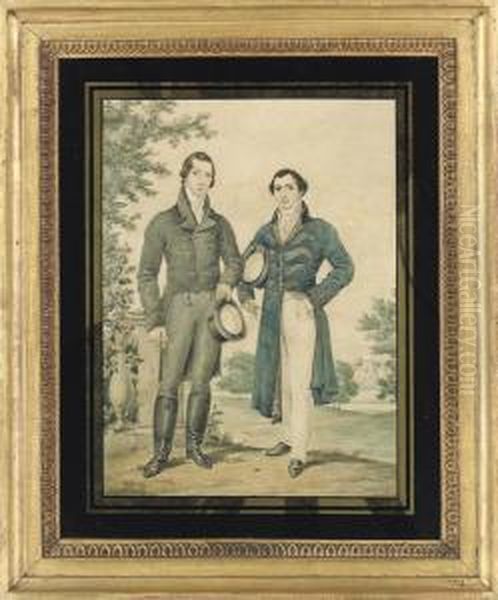 Portrait Of Two Gentleman, 
Standing Full-length, In A Parklandscape, Both In Elaborate Costume, 
Holding Top Hats Oil Painting by James Warren Childe
