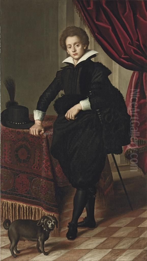 Portrait Of A Gentleman, 
Possibly Of The Strozzi Family, Full-length, In Black Doublet, Mantle 
And Pantaloons, Wearing A Sword, His Hat On The Carpet-draped Table 
Beside, With A Draped Curtain And A Lap-dog Oil Painting by (Jacopo Chimenti) Empoli