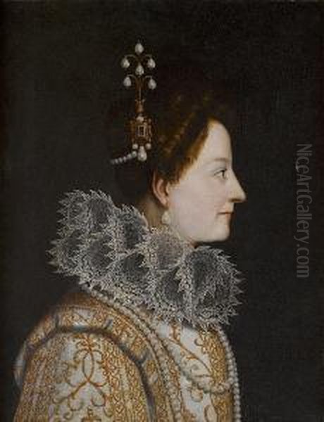Portrait Of Catherine De' 
Medici, Bust-length, In Profile, In A Lace Ruff And Pearl Headdress Oil Painting by (Jacopo Chimenti) Empoli