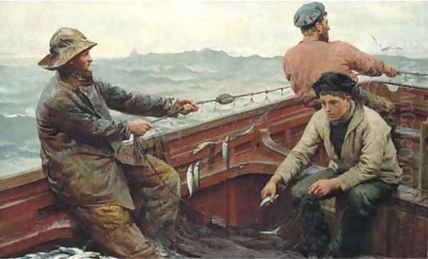 Hauling the pilchard nets Oil Painting by Herbert E. Butler