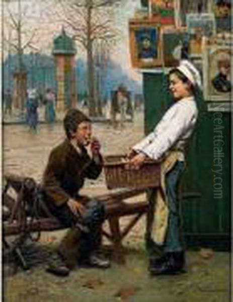 Le Petit Vendeur De Beignets Sur Les Champs-elysees Oil Painting by Paul Charles Chocarne-Moreau