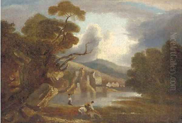 Figures before a lakeside village Oil Painting by Thomas Barker of Bath