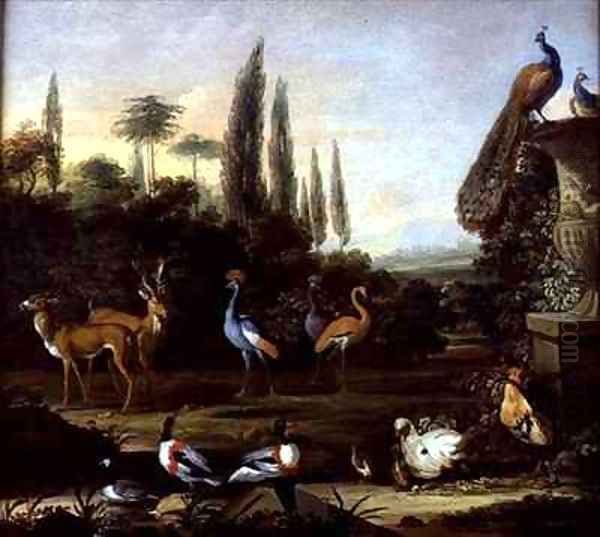 A Park Landscape with Deer and Exotic Birds Oil Painting by Johannes Bronckhorst