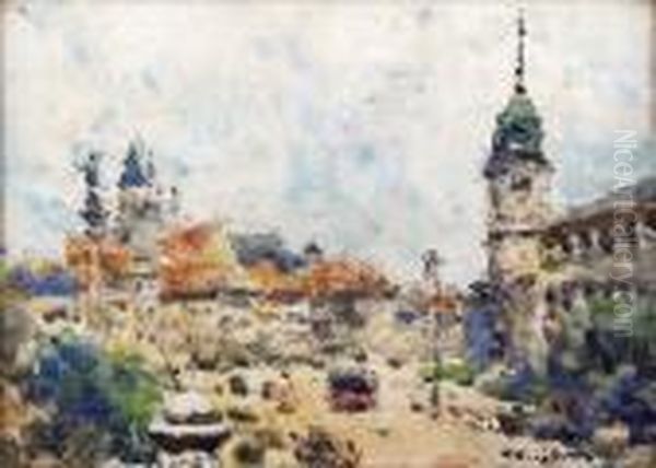 Warszwa - Plac Zamkowy Oil Painting by Tadeusz Cieslewski