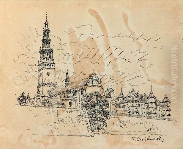 Widok Na Bazylike Jasnogorska Wniebowziecia Nmp Oil Painting by Tadeusz Cieslewski