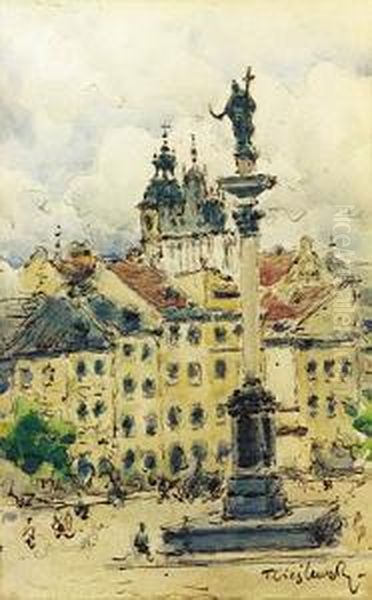 Widok Na Kolumne Zygmunta I Katedre W Warszawie Oil Painting by Tadeusz Cieslewski
