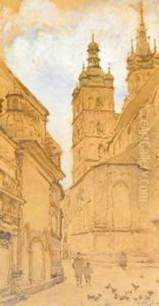 Plac Mariacki W Krakowie Oil Painting by Tadeusz Cieslewski