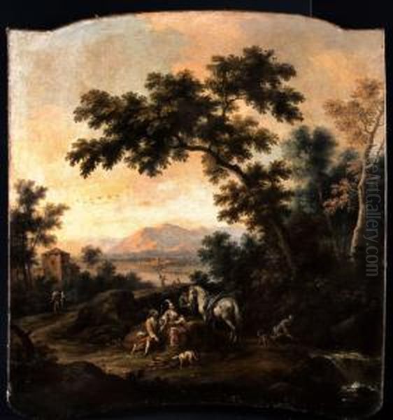 Paesaggio Fluviale Con Donnaelegante E Contadini Oil Painting by Vittorio Amedeo Cignaroli