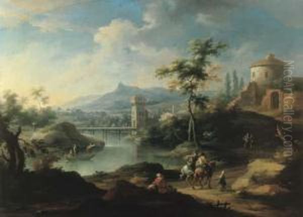 Coppia Di Contadini E Fanciulla 
Presso Un Corso D'acqua, Conarmenti Ed Un Casolare In Lontananza Oil Painting by Vittorio Amedeo Cignaroli