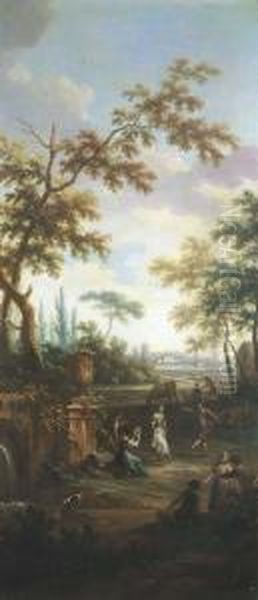 Contadini Che Suonano E Ballano 
Il Saltarello In Un Paesaggio Piemontese Con Una Villa Nello Sfondo Oil Painting by Vittorio Amedeo Cignaroli