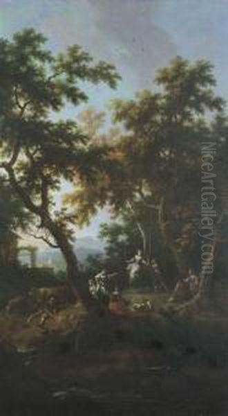 Coppia Che Gioca Su Un'altalena 
Con Vari Astanti In Un Sottobosco, Ed Un Borgo In Lontananza Oil Painting by Vittorio Amedeo Cignaroli