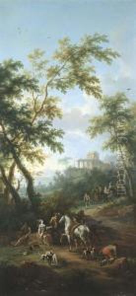 Sosta Di Cacciatori E Compagnia 
Galante Su Cavallo In Un Paesaggio Con Rovine Sullo Sfondo Oil Painting by Vittorio Amedeo Cignaroli