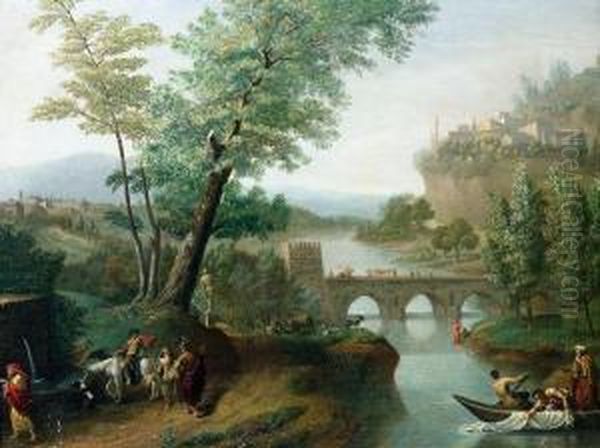 Klassische Flusslandschaft Mit Einer Brucke Uber Die Ein Trauerzug Schreitet Oil Painting by Gianbattista Cimaroli