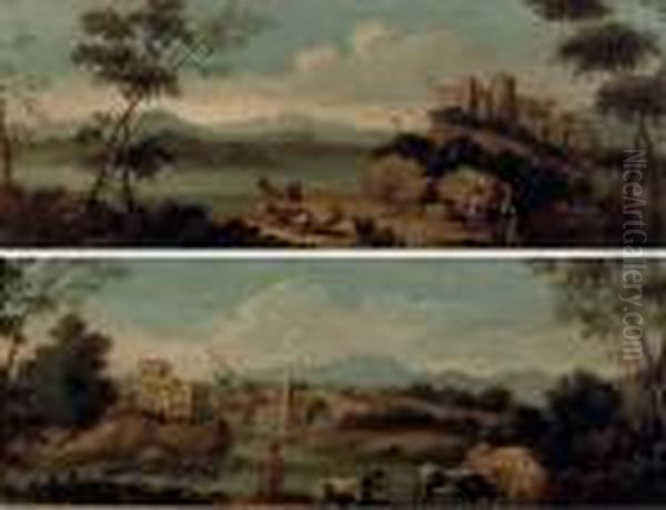 An Italianate River Landscape 
With A Herdsman Tending Cows And Travellers On A Track, A Bridge Leading
 To A Town Beyond; And An Italianate River Landscape With Peasants 
Tending Their Flock Near A Ruined Castle Oil Painting by Gianbattista Cimaroli