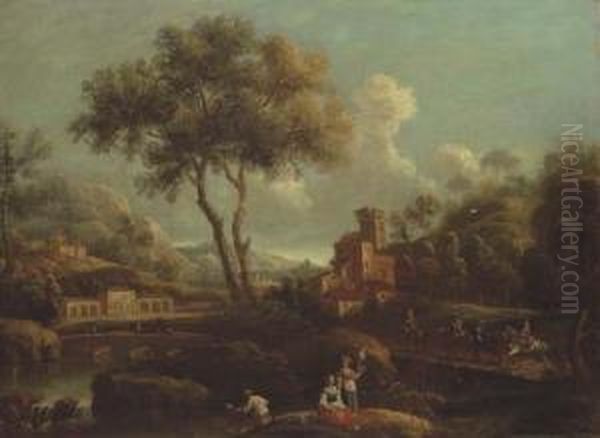 An Italianate Landscape With 
Peasants Fishing By A River, Horsemen Crossing A Bridge Beyond Oil Painting by Gianbattista Cimaroli