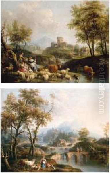 A Pastoral Landscape With 
Shepherdess Resting With Sheep And Cattle At A Watering-hole, A 
Capriccio View Of A Town Beyond Oil Painting by Gianbattista Cimaroli
