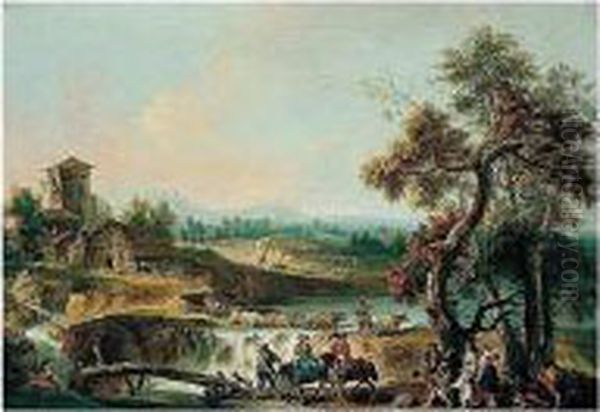 A River Landscape With Elegant 
Travellers And Other Figures By A Wooden Bridge, A Herdsman Crossing The
 River With His Cattle By A Waterfall Oil Painting by Giovanni Batista Cipriani